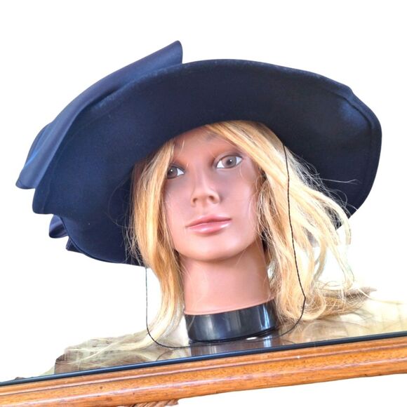 Vintage Mr. John Classic Wool Hat Wide Brim Satin Bow Navy Blue MCM Made in USA - Picture 5 of 13